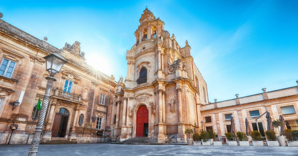 Architectural details of San Giuseppe church. Historic center builded in late Baroque Style. Ragusa, Sicily