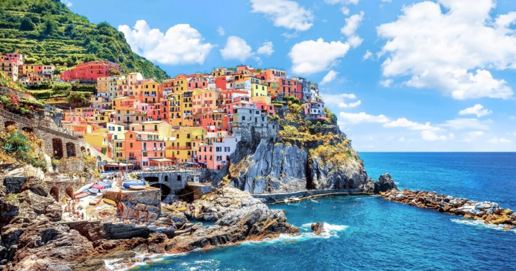 Beautiful view of the city on the rock, Manarola, Italy, Liguria, Cinque Terre.