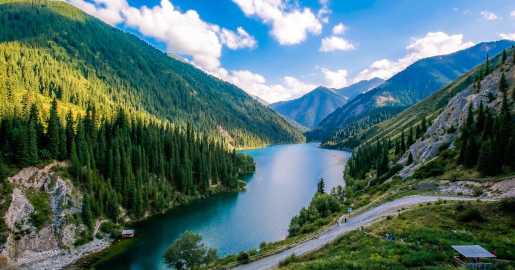 Panoramic view of the turquoise water of the Kolsai lake, Kazakhstan
