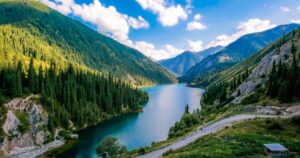 Panoramic view of the turquoise water of the Kolsai lake, Kazakhstan