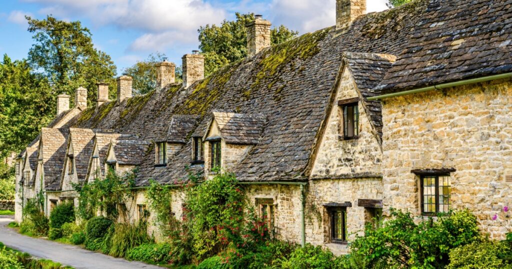 Traditional row of stone cottage houses on Arlington Row in Bibury village