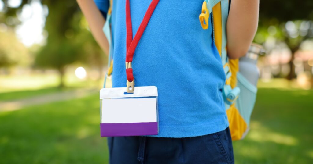 This is a child's identification label with an empty ID card layout.