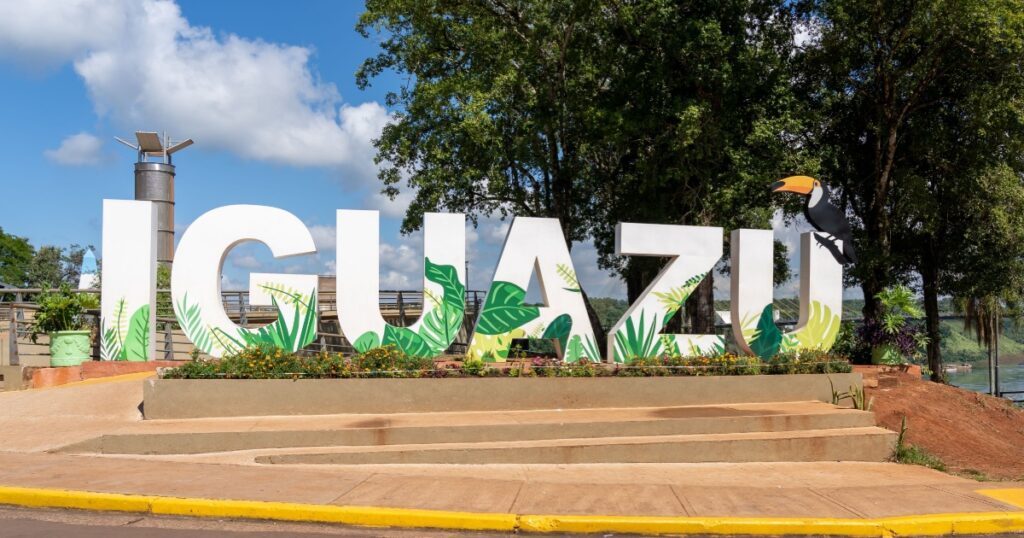 The Iguazu ground sign at Triple Frontier in Puerto Iguazú, Argentina