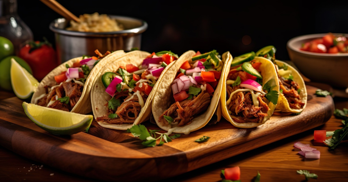 Delicious mexican cochinita pibil tacos on a wooden board