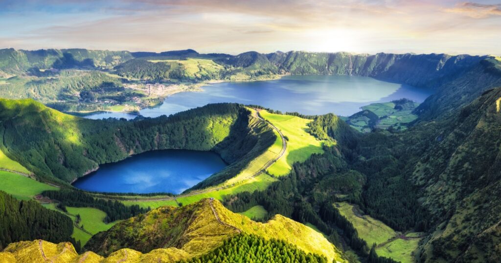 Dramatic sunset over Sete Cidades volcanic lake - panorama landscape, Azores, Portugal