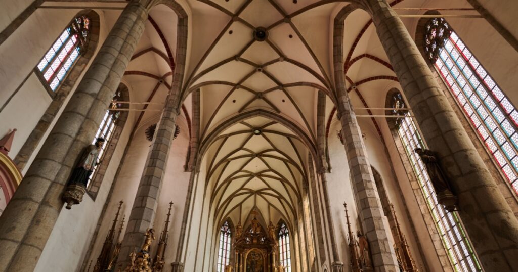 Shutterstock St. Vitus Church gothic cathedral, national cultural monument in Cesky Krumlov
