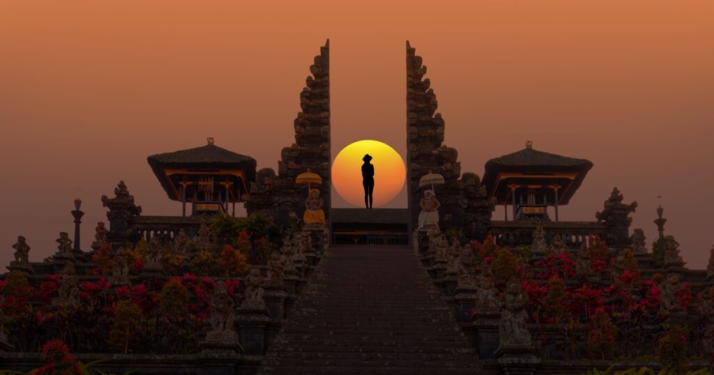 Pura Besakih temple on the slopes of Mount Agung largest and holiest temple at sunset - Bali, Indonesia