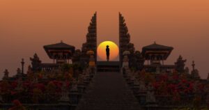 Pura Besakih temple on the slopes of Mount Agung largest and holiest temple at sunset - Bali, Indonesia