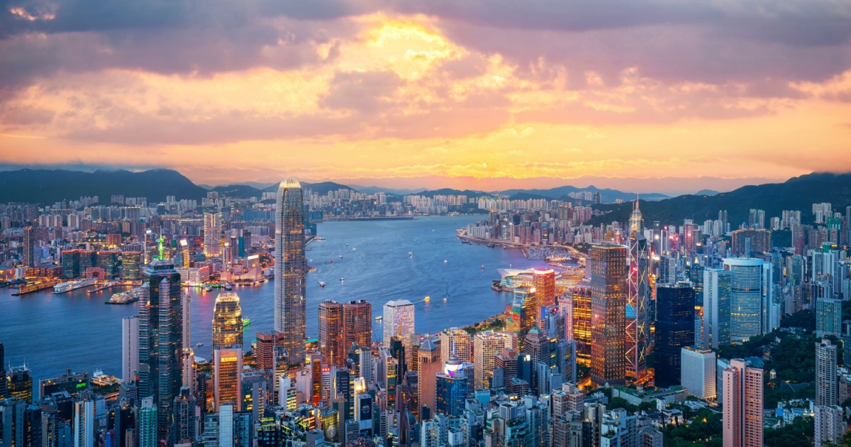 Aerial view of skyscrapers at dusk over the financial district in central Hong Kong