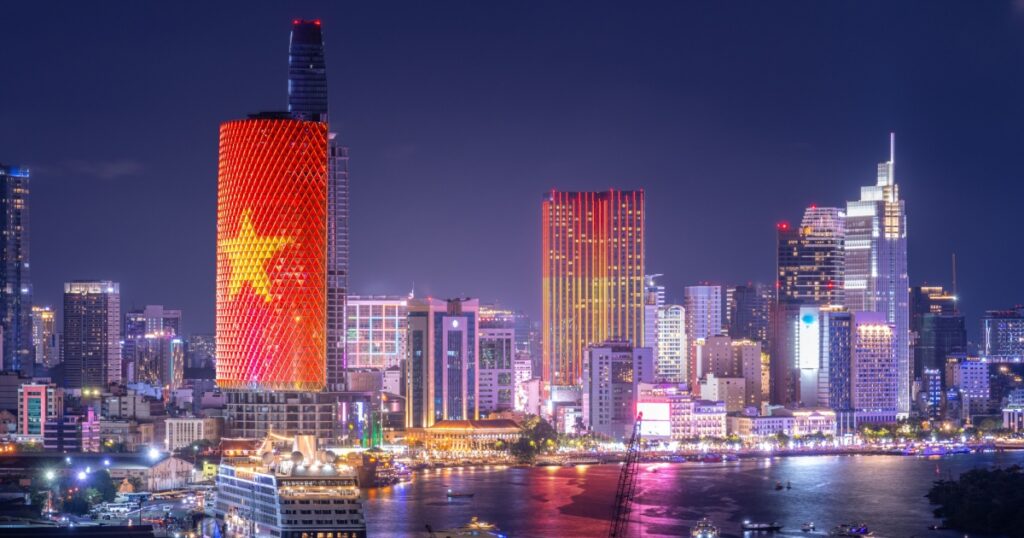 Aerial view of Ho Chi Minh City skyline and skyscrapers on Saigon river