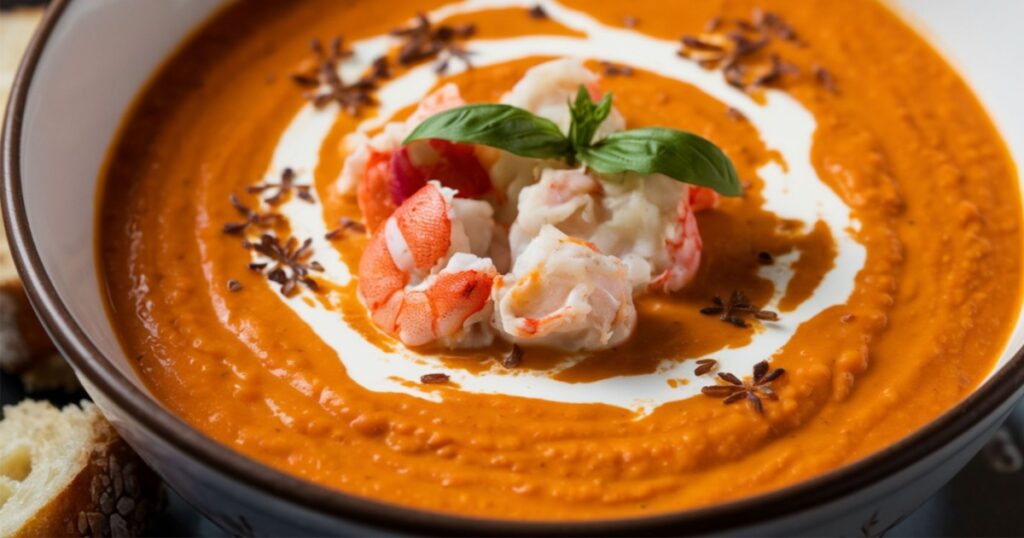 Lobster Bisque: A creamy, smooth soup made from lobster stock, rich with the flavors of lobster meat, herbs, and spices.