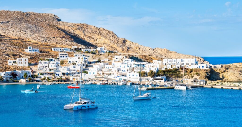 View of Karavostasis port with boats on sea, Folegandros island, Cyclades, Greece