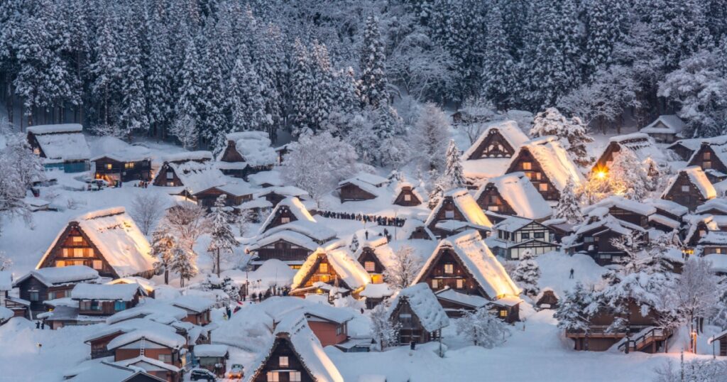 Shutterstock Shirakawago light-up with Snowfall Gifu Chubu Japan