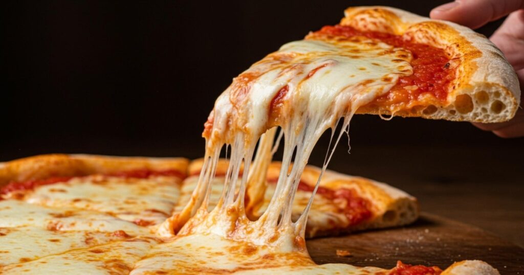 Delicious pizza margherita with melted mozzarella cheese