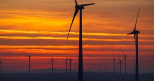 Wind turbine in flat landscape near Vienna, Austria