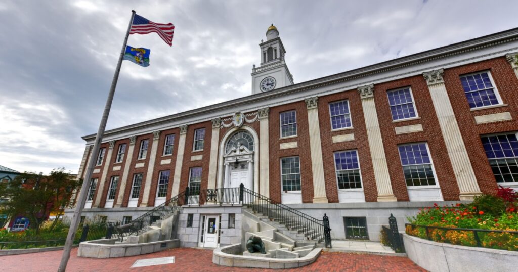 Burlington City Hall at the intersection of Church Street and Main Street in Burlington, Vermont, USA.