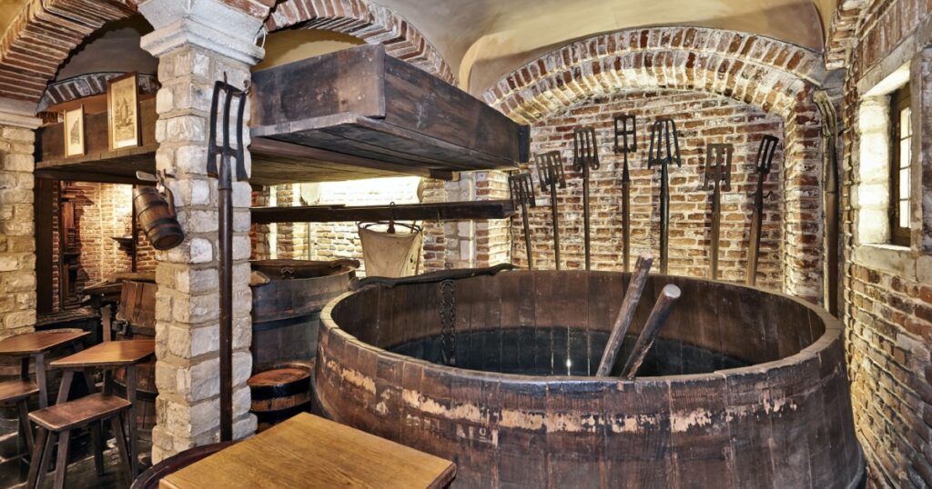 Old section of the ancient history of beer in the brewery museum in the house of Belgian Brewers at 10 Grand Place in Brussels, Belgium
