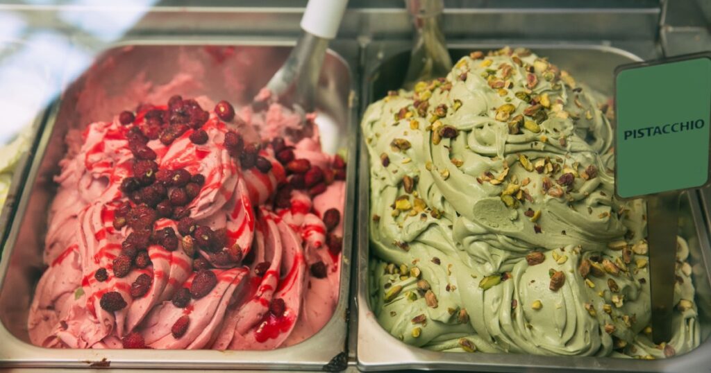 Genuine Italian ice - Variety of yummy ice creams under shopping window