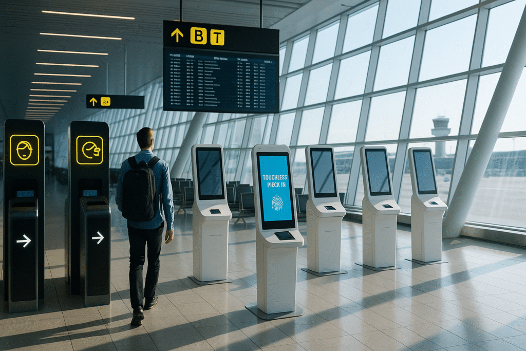 A traveller moving through a sleek airport terminal with touchless check-in systems, representing the rise of AI travel in post-pandemic travel.