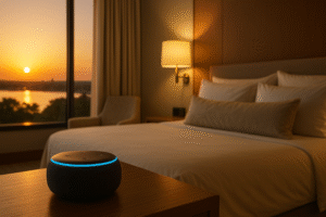 Luxury hotel suite with AI-driven smart lighting and personalised room settings
