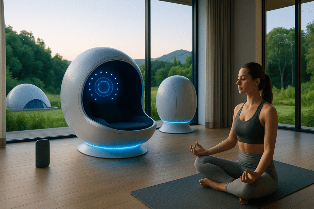 Futuristic wellness resort offering AI-personalised retreats and voice-first travel technology.