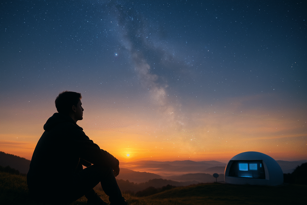 Traveller watching sunrise, symbolising AI’s role in removing friction and enhancing presence.