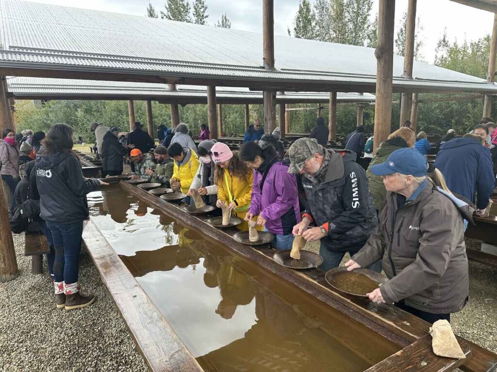 Travellers panning for gold at long wooden troughs filled with water during the Gold Dredge 8 experience in Fairbanks, Alaska.
