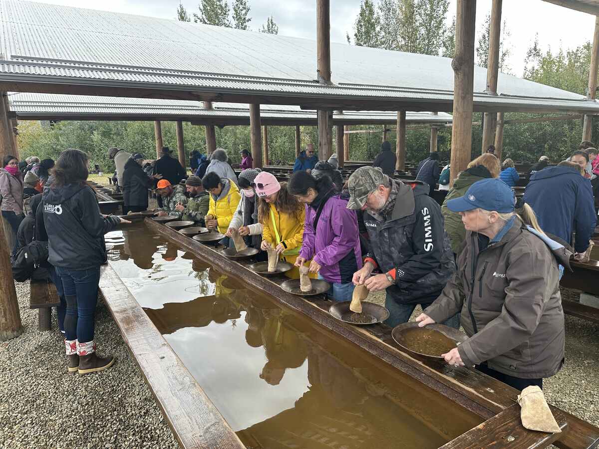 Travellers panning for gold at long wooden troughs filled with water during the Gold Dredge 8 experience in Fairbanks, Alaska.