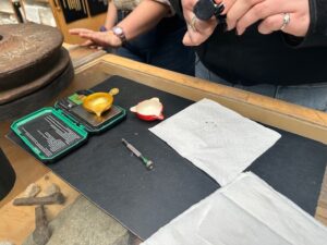 Close-up of gold flakes being weighed on a scale at Gold Dredge 8 in Fairbanks, showing small specks collected through panning.