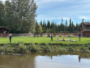 Dog mushing demonstration at Susan Butcher’s Trail Breaker Kennel, with huskies and handlers on a grassy field by the Chena River.