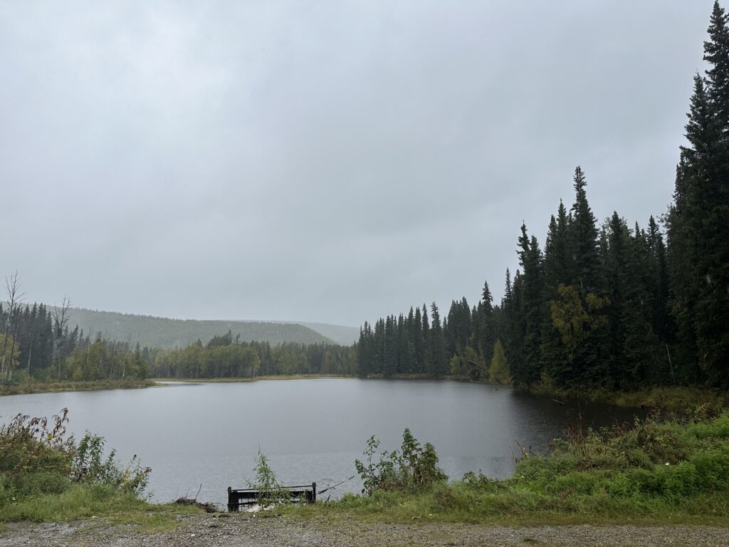 A misty lake surrounded by dense evergreen forest in Fairbanks, Alaska, with rolling hills in the distance under a grey, overcast sky.