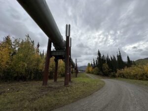 Section of the Trans-Alaska Pipeline elevated on supports, cutting through Alaska’s wilderness.