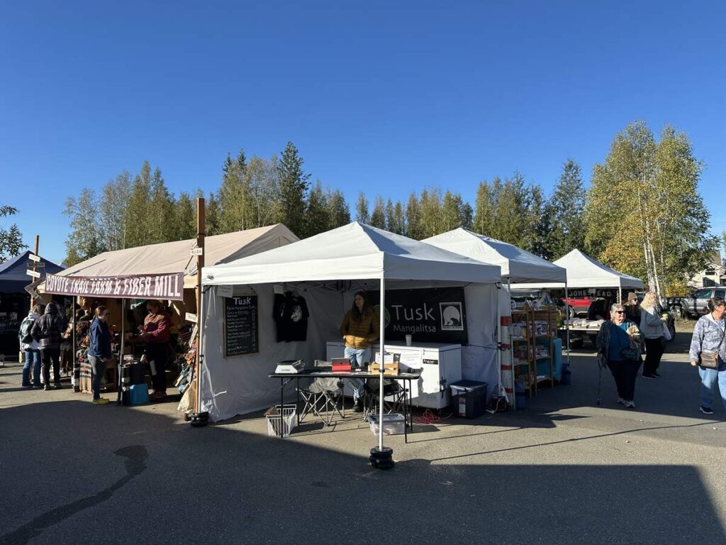 Vendor tents for fibre, meats, and pantry goods with customers browsing displays.