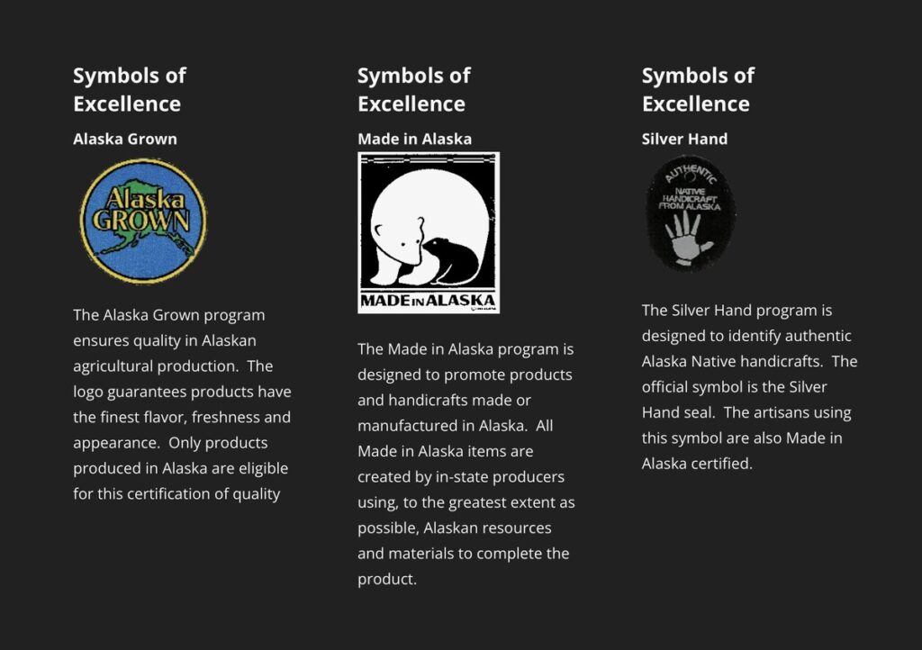 Alaska Grown, Made in Alaska, and Silver Hand program logos with brief descriptions.