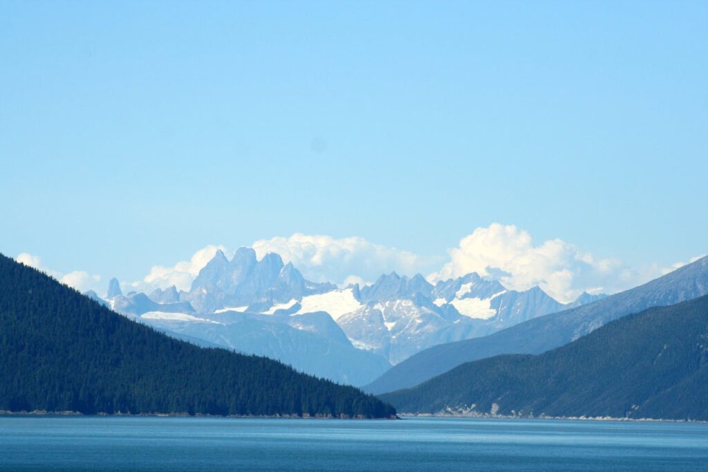 Snow-capped, jagged peaks and glacier tongues rise beyond a forested fjord on a clear summer day in Alaska.