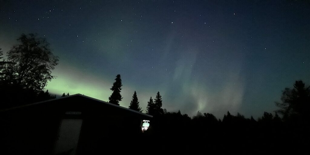 Aurora borealis glows in shades of green and violet above silhouetted trees and a cabin at night near Fairbanks, Alaska.