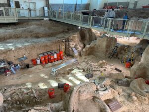 Wide view inside the climate-controlled dig shelter showing a deep, sandy excavation pit scattered with mammoth bones, orange buckets, work lights, and tools. Above the pit, visitors stand along an elevated metal boardwalk that wraps around the space, looking down into the active dig area.