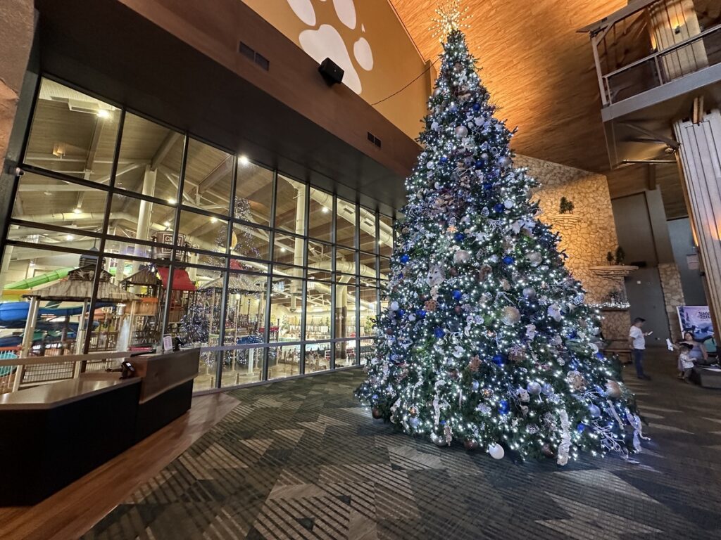 A towering, blue-and-silver Christmas tree glows in the lobby of Great Wolf Lodge, with floor-to-ceiling windows revealing the colourful indoor waterpark and slides just beyond the glass.