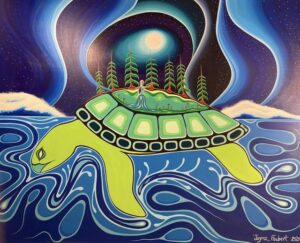 A vibrant painting in the Woodland style shows a large green turtle swimming through swirling blue water under a starry night sky. On the turtle’s shell is a small patch of land with trees and a figure standing at the centre in ceremony. The moon glows above, surrounded by flowing shapes of light that resemble the northern lights. Text in the corner credits the artist, James Faubert, 2023.