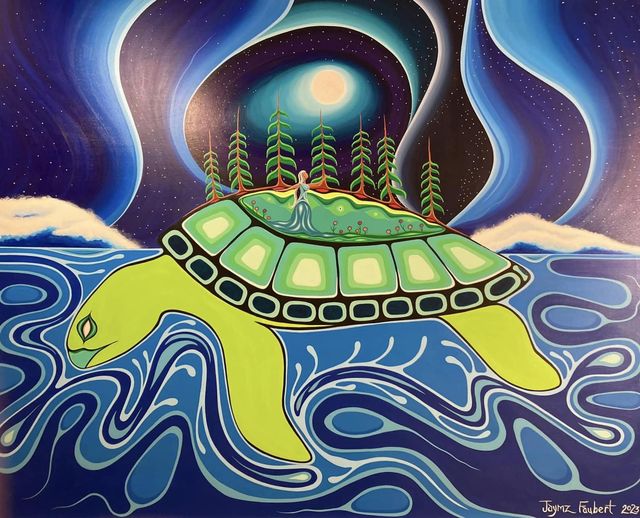 A vibrant painting in the Woodland style shows a large green turtle swimming through swirling blue water under a starry night sky. On the turtle’s shell is a small patch of land with trees and a figure standing at the centre in ceremony. The moon glows above, surrounded by flowing shapes of light that resemble the northern lights. Text in the corner credits the artist, James Faubert, 2023.