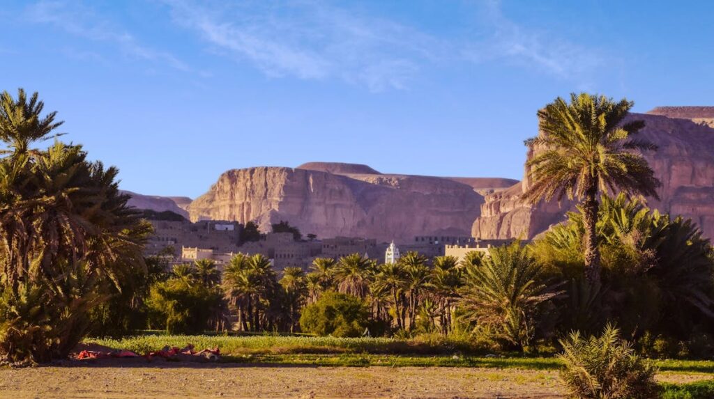 A lush oasis town framed by palm trees and golden cliffs under a clear blue sky, hinting at both human settlement and the power of its surrounding desert.