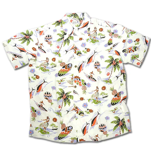 White short-sleeve aloha shirt laid flat, covered in colourful island-themed illustrations including palm trees, surfers, and tropical birds.