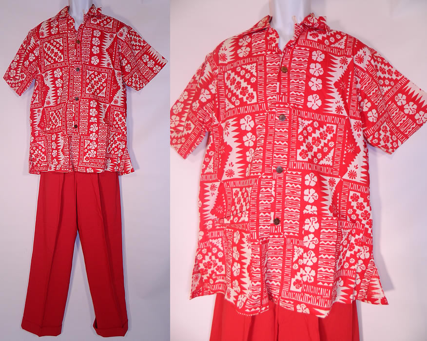 Vintage Alfred Shaheen Hawaiian Hibiscus Print Cotton Aloha Shirt & Red Pants