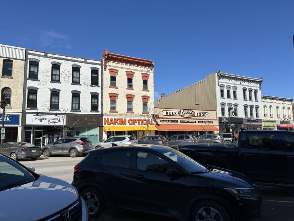 Row of Victorian-era commercial buildings along Kent Street in Lindsay Ontario