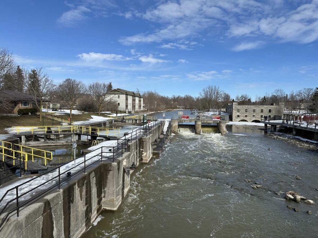 Water flowing through the lock along the Trent–Severn Waterway in Lindsay Ontario