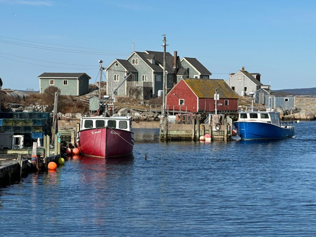 Red and blue fishing boats float in Peggy’s Cove harbour, with weathered sheds and homes lining the shore behind them.