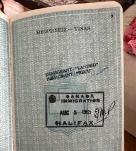 Greek passport visa page stamped “Canada Immigration” in Halifax on August 5, 1963.