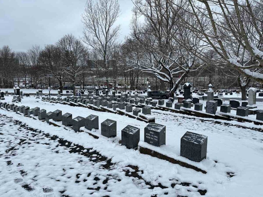 Wide view of the Titanic grave section at Fairview Lawn Cemetery in Halifax, showing rows of uniform gravestones lined up across snow-covered ground.