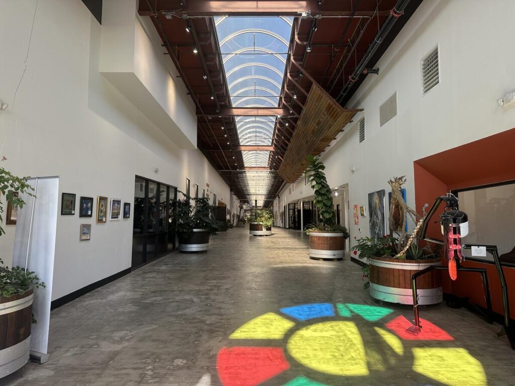 Bright interior corridor at Arts in the Sunset in Amarillo, Texas, with a skylight, art-lined walls, plants, and colourful light cast onto the floor.