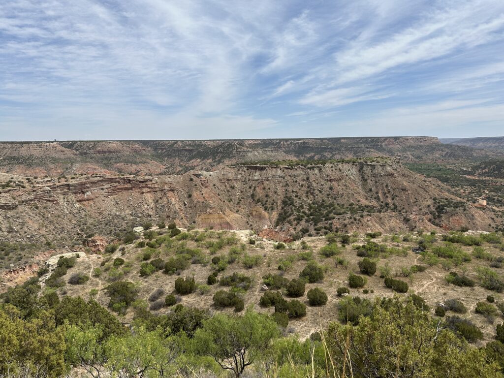 Wide view of Palo Duro Canyon in the Texas Panhandle with layered rock formations, shrubs, and sweeping blue sky.